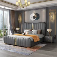 Ensemble de meubles de chambre à coucher moderne, lit à tapisserie en cuir massif, taille Queen, moderne