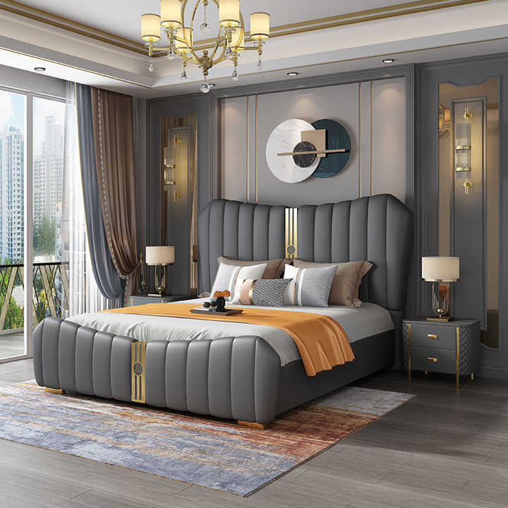 Luxury Bedroom Set - Queen Size Solid Wood Leather Bed