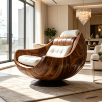 Fauteuil d'appoint en bois massif en forme de bol, avec coussin blanc moelleux, pour salon de villa