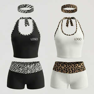 2026 Vente en gros OEM Ensemble 3 pièces pour femme à imprimé animal, comprenant un débardeur court dos nu à nouer, un short taille haute et une bandeau assortie, avec logo personnalisé - Product Image 1
