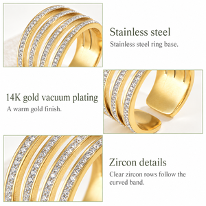 แหวนเซอร์คอนโค้งหลายชั้น สแตนเลสสตีล ชุบทอง 14K แบบสุญญากาศ แหวนเซอร์คอนแบบปรับขนาดได้ - Product Image 3
