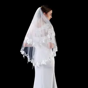 LUOXIN New Hot Sale White Luxury Wedding Accessories Bridal Veil short Tulle beaded wedding veils