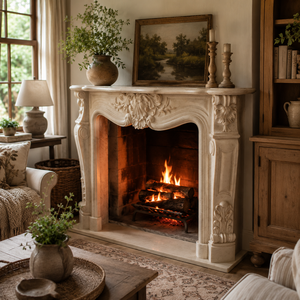 Traditional Marble <b>Fireplace</b> Mantel With Ornate Carving Galala Beige marble Stone Indoor Wood Burning Hearth For Dining Room - Product Image 6