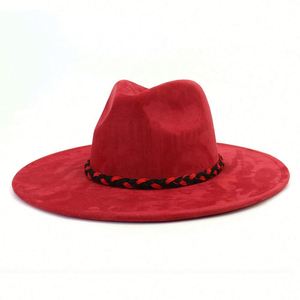 Chapeaux Fedora en Daim à Large Bord Nouveauté Automne Hiver 2024, Noir et Rouge Bicolore, Tressés en Daim pour Fêtes et Tenues Décontractées Professionnelles – Vente en Gros - Product Image 1