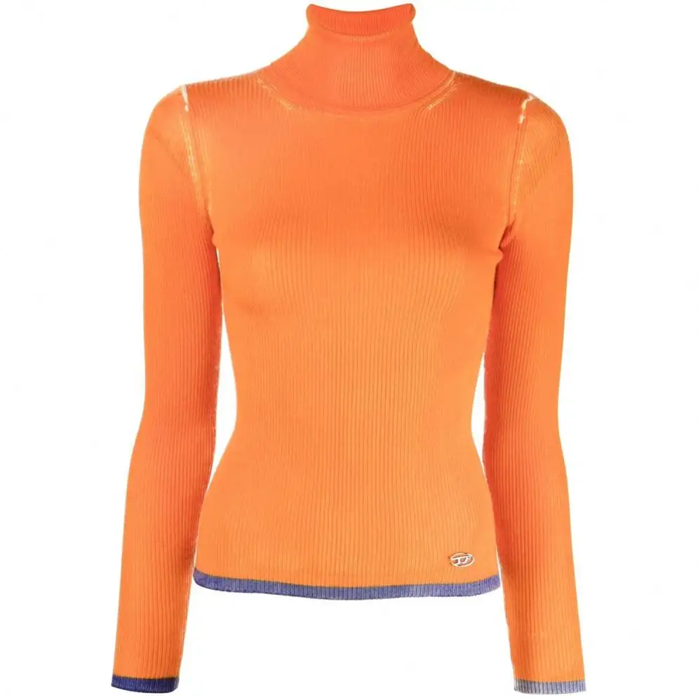 OUTENG Orange Blue Wool Ribbed Knit Custom Logo Long Sleeves High Neck For Women Turtle Neck For Women Jumper Women's Sweaters