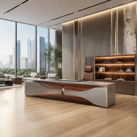 Bureau de direction intelligent de luxe en bois de placage naturel avec finition cristal, armoire latérale à levage électrique, table de patron de qualité E1 avec alimentation LED
