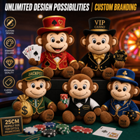 Jouet en peluche singe chapeau haut de forme de casino personnalisé, commande en gros, peluche douce, animal en peluche, OEM ODM, cadeau promotionnel de Noël