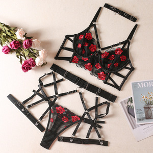 Hot Selling Embroidered Bra See-through Hollow Sexy Underwear Set Sexy New Bride Lingerie Sexy Rose Flower Underwear - Product Image 6