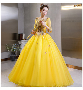 S1575N Nuovo Abito da Sera Lungo <span class=keywords><strong>Giallo</strong></span> a <span class=keywords><strong>Maniche</strong></span> <span class=keywords><strong>Lunghe</strong></span> con Gonna Voluminosa e Vita Alta in Chiffon per Performance Vocali - Product Image 2