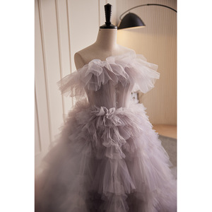 Ethereal Light Wedding Dress Strapless Ball Gown Tulle Natural Waistline Red Bean Paste Powder Color Vintage Style - Product Image 2