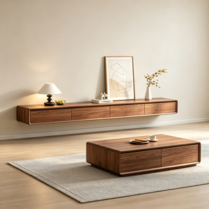 Modern Luxury Walnut <strong>Floating</strong> <strong>TV</strong> <strong>Unit</strong> for Living Room, <strong>TV</strong> <strong>Unit</strong> and Coffee Table Set, Wall Mounted Media Cabinet OEM Customizable - Product Image 1