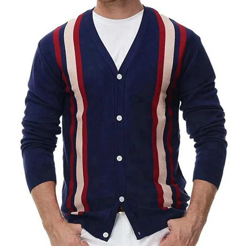 Qianzun Nhà Sản Xuất Đồng Bằng Nút Người Đàn Ông Cổ Điển V Cổ Áo Len Sọc Bông Đan Cardigan Áo Len