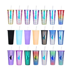 24oz 710ml Plastik kaffeetasse mit der Stroh party Kaffee becher Benutzer definiertes Logo Glitter Plastik kaffeetasse BPA KOSTENLOS