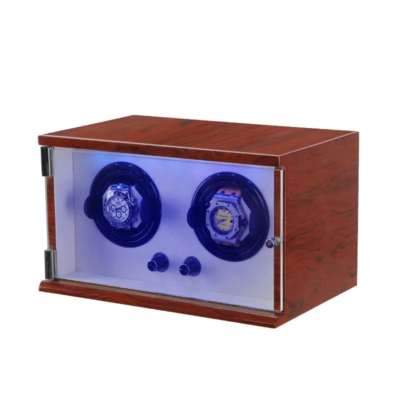 Caixa de relógio elétrico com 2 ranhuras para relógio, caixa de madeira laca com motor silencioso, caixa de luxo para relógio