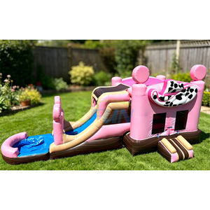 Castillo Inflable Rosa <span class=keywords><strong>con</strong></span> Tobogán y <span class=keywords><strong>Piscina</strong></span> Desmontable, Diseño Vaquero del Oeste, de PVC, para <span class=keywords><strong>Alquiler</strong></span> en Fiestas - Product Image 1