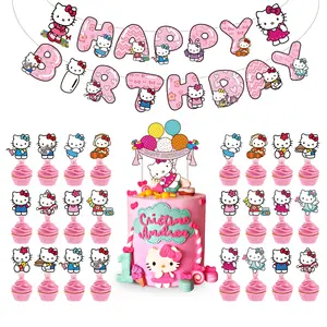 RTS Custom Cupcake Dessert Disposable Diy Paper Cartoon Kitty Cat Cake Stand Set Birthday Party Decoration