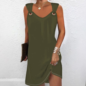 Robe midi élégante et décontractée pour femme, grande taille, col en V, sans manches, couleur unie, avec boutons métalliques, idéale pour le bureau ou les occasions chic, pour le dropshipping Shopify - Product Image 5