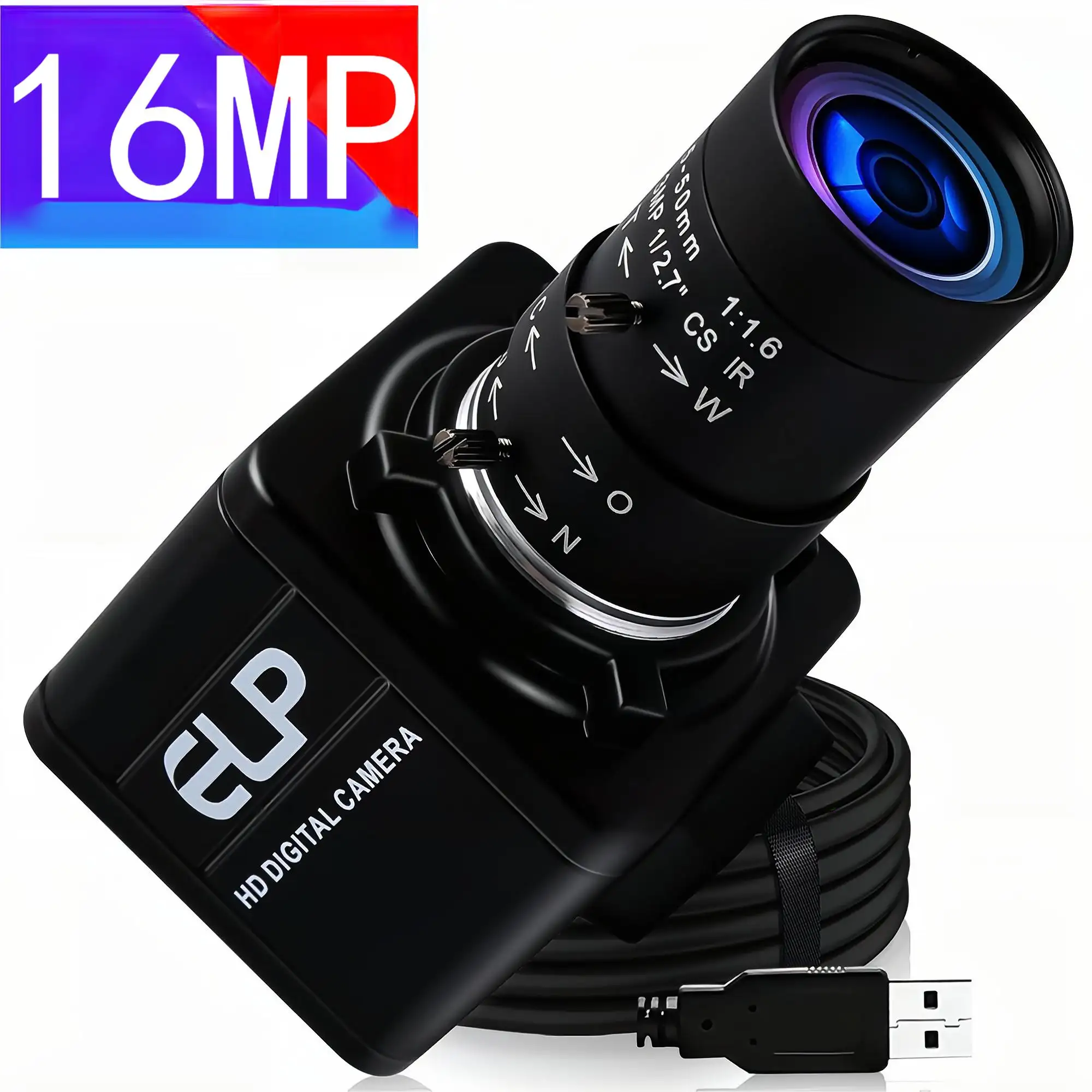 ELP Webcam 16MP 4656x3496 Ultra HD, kamera Web IMX298 UVC 10X Zoom Mini USB untuk inspeksi industri, foto, keamanan