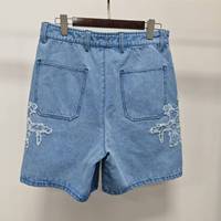 Shorts en jean pour hommes, coupe ample et large, bleu clair, en coton, avec logo personnalisé, brodés et effet usé, style streetwear, pour l'été, vente en gros