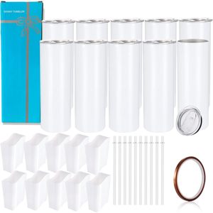 Gobelet isotherme mince 20oz en acier inoxydable blanc, vierge pour sublimation, avec couvercles, pailles et ruban adhésif - Product Image 1