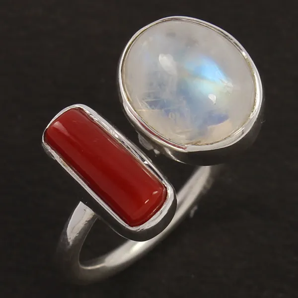 Karang dan pelangi MOONSTONE semua ukuran Jerman 925 cincin perak murni Solid cincin buatan tangan alami batu permata Cabochon