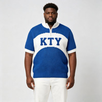 Pull en maille jacquard à col quart zippé pour homme, rayé bleu et blanc, broderie simple 'KTY', ODM OEM