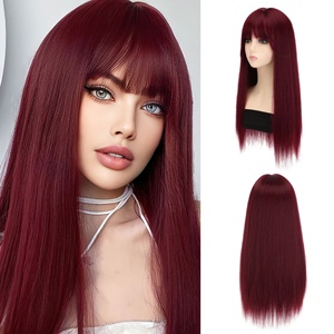 Perruque synthétique longue et droite bordeaux de 26 pouces, <span class=keywords><strong>avec</strong></span> <span class=keywords><strong>frange</strong></span>, résistante à la chaleur, vente en gros à prix réduit pour femmes, directement de l'usine - Product Image 1