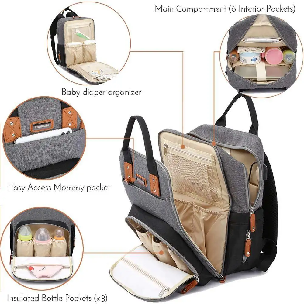 AMIQI LZ09 USB Waterproof Baby Folding Crib Bed Bags Mommy Travel Diaper Backpack Women Bag Maternity Mummy Bag with Diaper