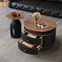 Ensemble de tables basses rondes modernes et mobiles, table centrale de salon populaire avec rangement et roulettes, style crème, en bois