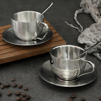 Nouvelle Tasse à Café Design, Haute Qualité, en Acier Inoxydable 304 Double Paroi Argenté, Tasse à Lait et Thé avec Soucoupe