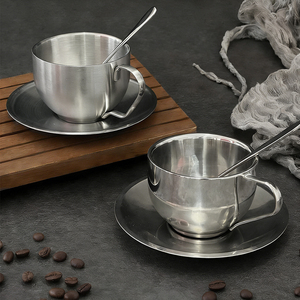 Nuova Tazza da Caffè di Design in Acciaio Inox 304 Doppio Strato Argento di Alta Qualità con Piattino per Latte <span class=keywords><strong>e</strong></span> Tè - Product Image 4