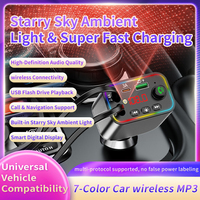Transmisor de Radio FM para Auto, Reproductor MP3, Cable de Carga Retráctil Integrado, Doble USB Tipo C, Luz Ambiental Colorida, Cargador para Auto