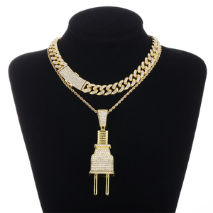 Hip Hop Icy Bling Choker Necklace Jewelry Set Men's Iced Out Gold Plated Rhinestone Diamond <strong>Plug</strong> Pendant With Cuban Link <strong>CHAIN</strong> - Product Image 4