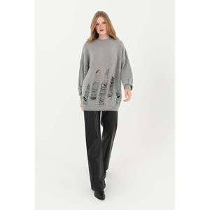 Suéter Túnica Gris Desgastado de Punto para Mujer Soul - Top Moderno Casual de Manga Larga con Efecto Desgastado para Uso Diario, Modelo - Product Image 3