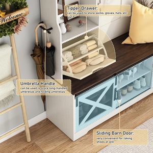 SENYU Hall Tree Entryway Bench, 75''H 59''W LED <b>Coat</b> <b>Rack</b>, 16 <b>Shoe</b> Cubbies, Umbrella Holder, Sock Drawer, White - Product Image 6