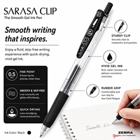 Bolígrafo de Gel Zebra Sarasa Clip Hecho en Japón, Tinta Negra de 0.5 mm, No Borrable, para Oficina y Escuela, Cuerpo de Plástico P-JJ15-BK10, Impresión Digital