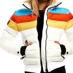 Color Blocking Puffer Jacket With Zipper Closure Stand Collar <b>Thick</b> <b>Winter</b> <b>Coat</b> Casual Style Polyester Wadding Unisex - Product Image 4