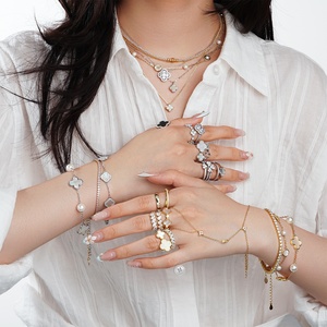 18K mạ vàng hợp thời trang xếp chồng trang sức ngọc trai đen Onyx 925 sterling Silver Femme mở bốn lá Clover Nhẫn Set cho phụ nữ - Product Image 2