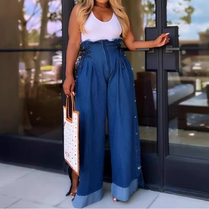 Women's High Waist Straight Jeans Casual Tie <b>Rope</b> Button Stretch Wide Leg Pants Fashion - Product Image 2