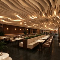 Projet de design d'intérieur de bar de restaurant moderne et luxueux sur mesure |   Comptoir de bar en marbre avec plafond ondulé, sièges en bois de noyer foncé