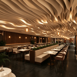 Projet de design d'intérieur de bar de restaurant moderne et luxueux sur mesure |   Comptoir de bar en marbre avec plafond ondulé, sièges en bois de noyer foncé - Product Image 4