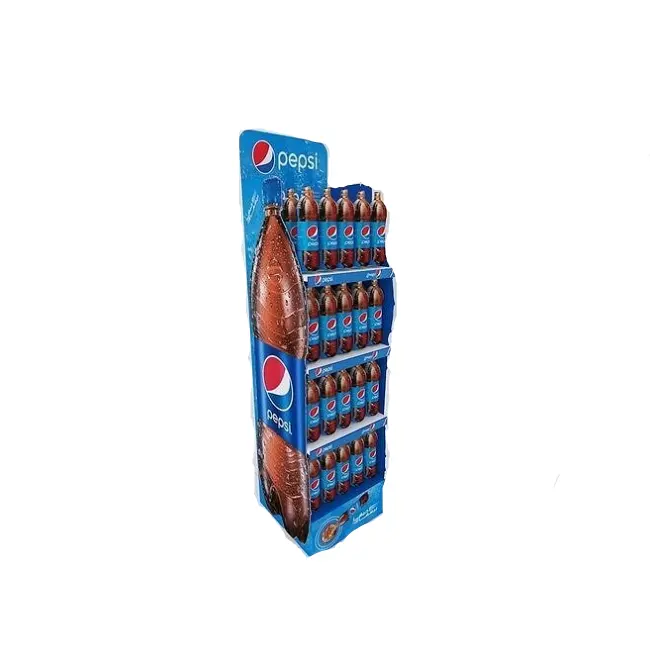 Soporte de exhibición personalizado Pepsi para bebidas, expositor de cartón para refrescos con forma de botella