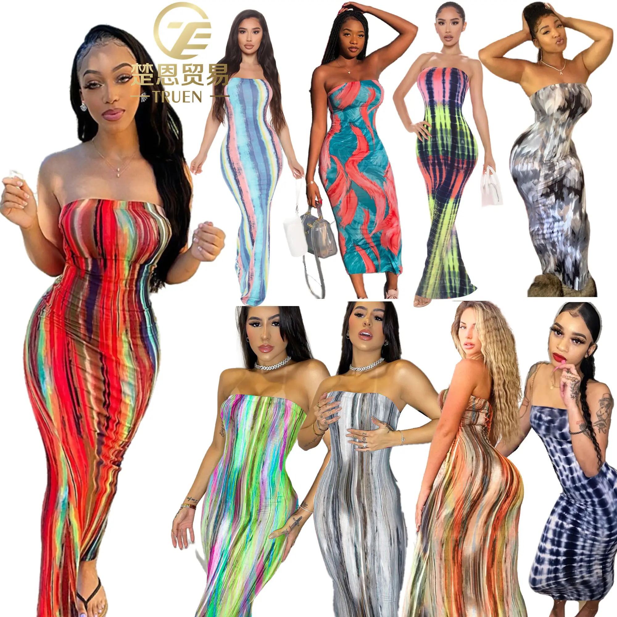 High Quality Sexy Sundresses Women Summer 2024 Fashion Contrast Color Wrap Off Shoulder Strapless Bodycon Maxi Tube Top Dresses