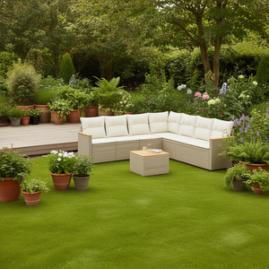 D0100XF4048 Conjunto de Sofás Modulares de Ratán Sintético PE Beige para Jardín, Muebles de Exterior Cómodos, Diseño Contemporáneo, Cojines de Espuma de Alta Densidad - Product Image 2