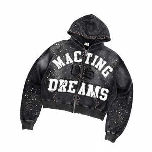 Sudadera con capucha para hombre, personalizada, al por mayor, de algodón grueso, estilo streetwear, Y2K, grunge, con lavado ácido, estampado gráfico y tachuelas, con cierre de cremallera. - Product Image 1