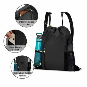 Drawstring Backpack 45cm Gym Sack Cinch <b>Bag</b> Water Resistant Front Zipper Pocket Dual Mesh Side Pockets Women Sports <b>Beach</b> School - Product Image 3