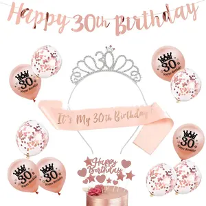DAMAI Girl Birthday Pink Theme Party Balloon Set Decoração do partido com Headband Letter Banner Glitter Cake Topper Supplies