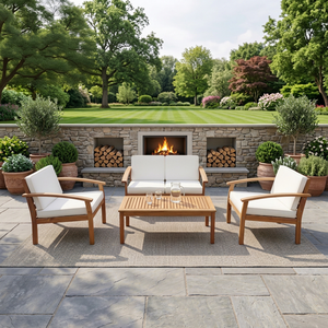Contemporary Outdoor Wood <b>Sofa</b> Set with White Cushions for Garden Patio Furniture - Product Image 1