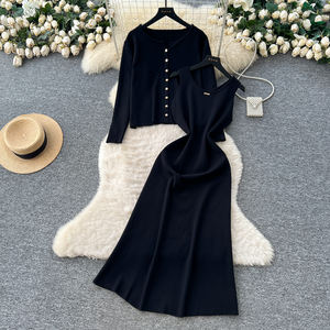 ชุดเสื้อคาร์ดิแกนถัก2ชิ้นหรูหราสำหรับผู้หญิงชุดเดรสยาวแขนกุดชุดสำนักงานลำลองฤดูใบไม้ร่วงฤดูหนาว - Product Image 2
