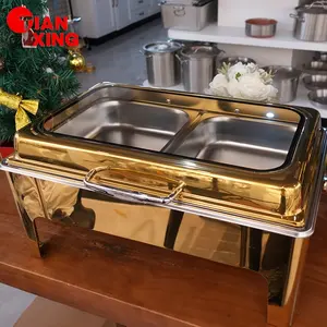 Tianxing 2 Compartimentos de aço inoxidável para cozinhar, prato de atrito dourado, aquecedor hidráulico de alimentos, conjunto de buffet luxuoso